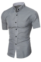 Slim Fit Short Sleeve Button-Up Shirt with Stand Collar for Men