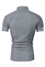 Slim Fit Short Sleeve Button-Up Shirt with Stand Collar for Men