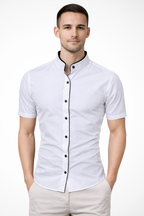 Slim Fit Short Sleeve Button-Up Shirt with Stand Collar for Men