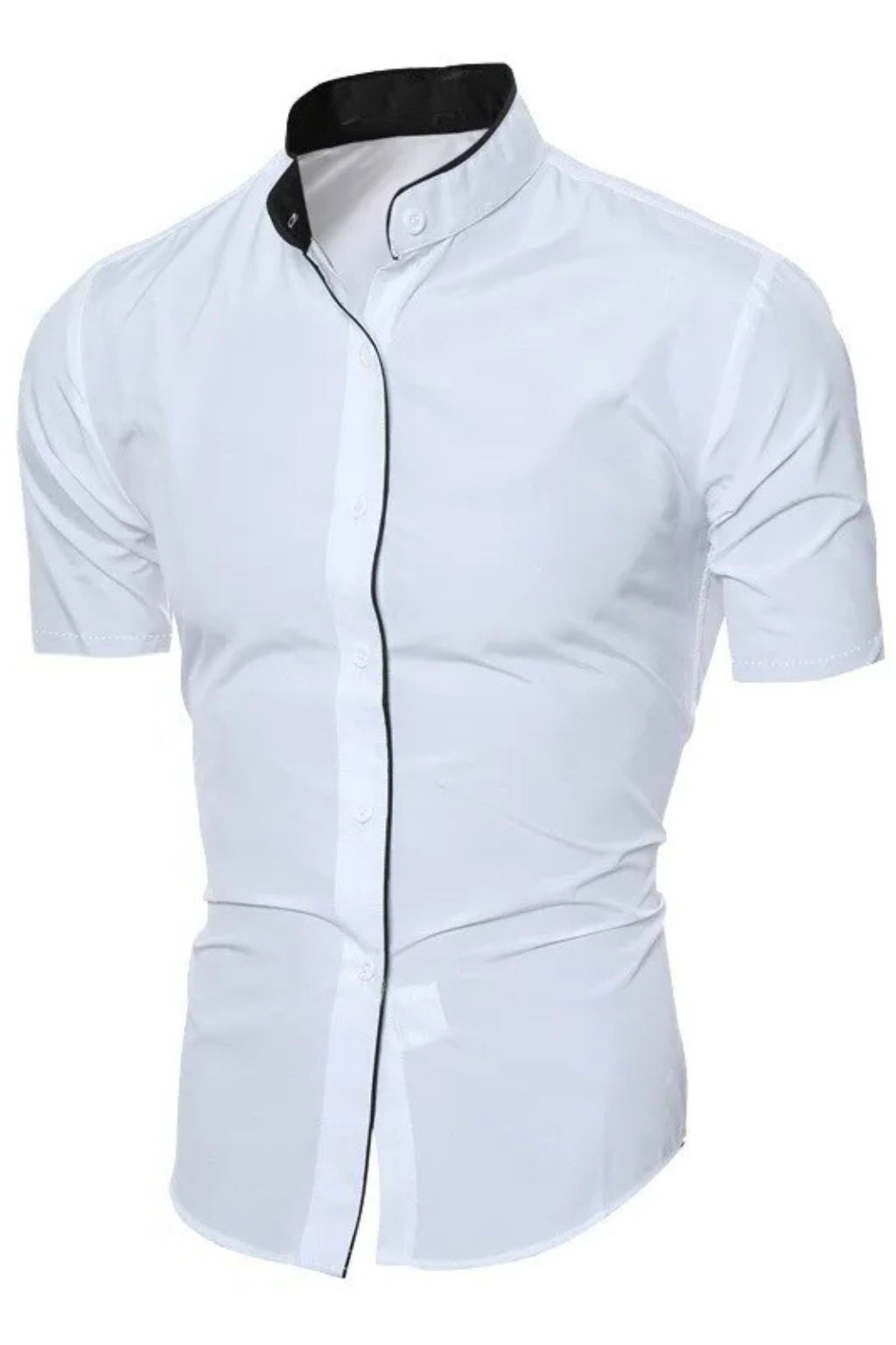 Slim Fit Short Sleeve Button-Up Shirt with Stand Collar for Men