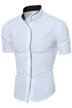 Slim Fit Short Sleeve Button-Up Shirt with Stand Collar for Men