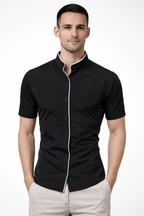 Slim Fit Short Sleeve Button-Up Shirt with Stand Collar for Men
