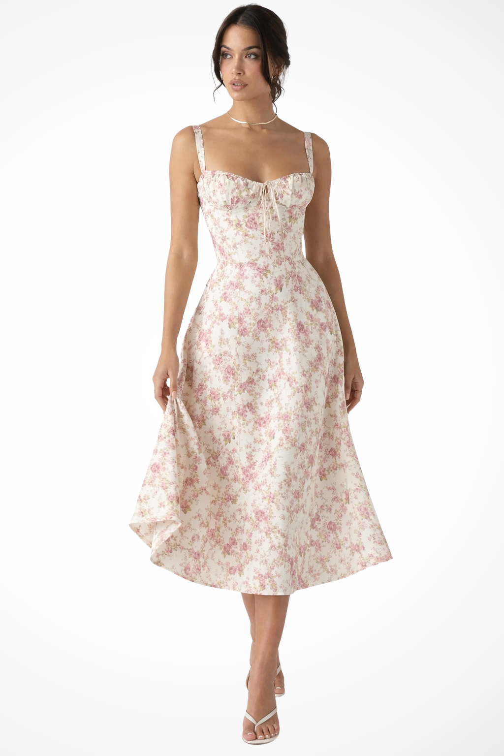 Square Neck Floral Midi Dress with Bow Detail for Wedding Guests