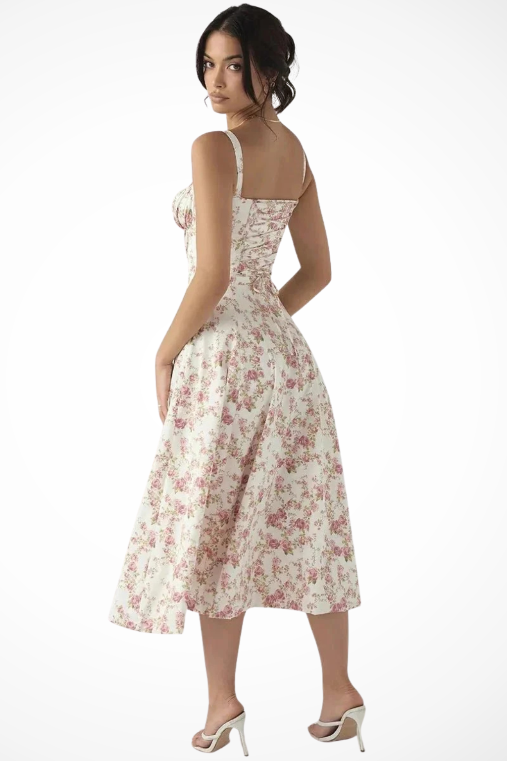Square Neck Floral Midi Dress with Bow Detail for Wedding Guests