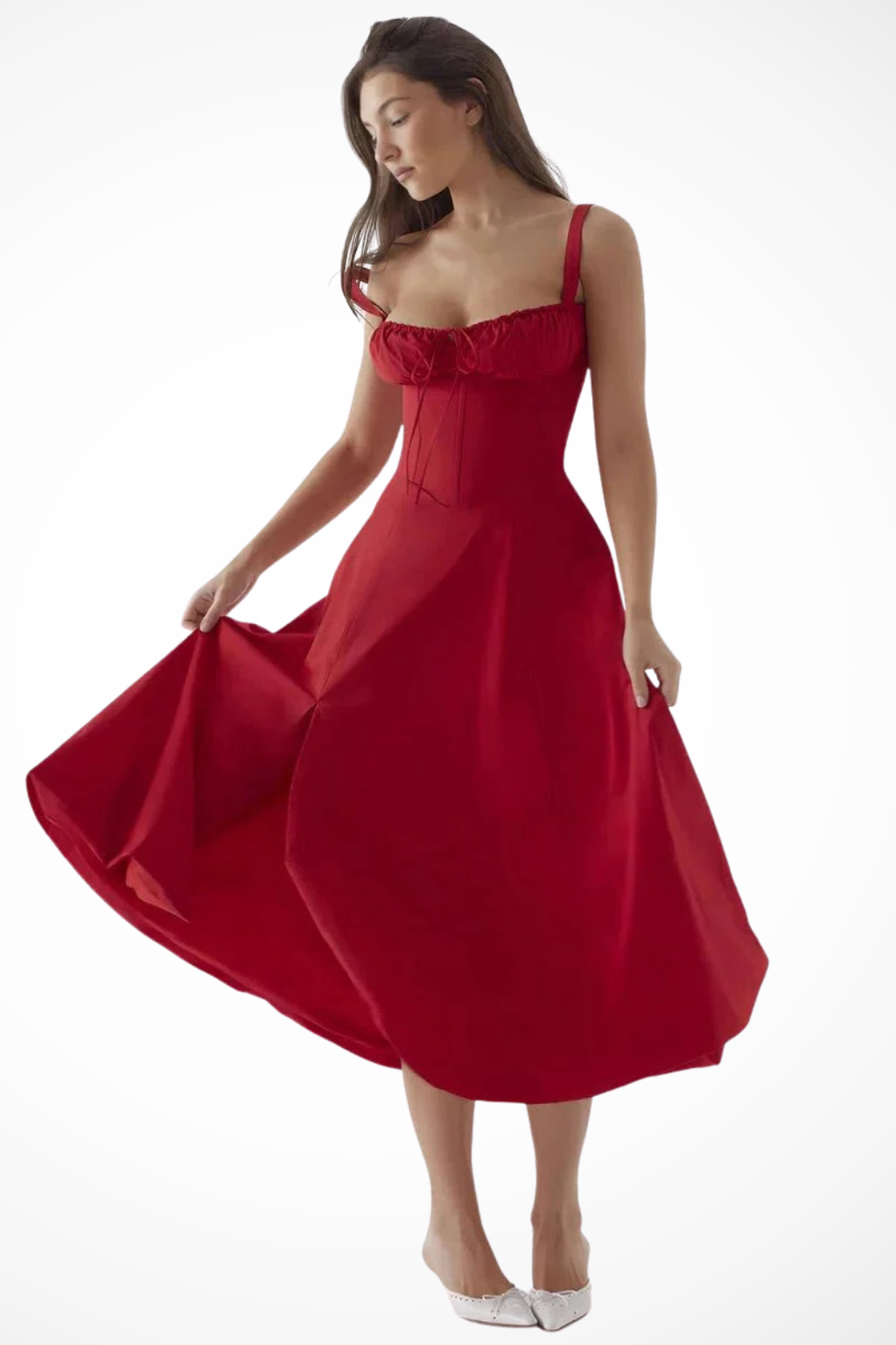 Square Neck Floral Midi Dress with Bow Detail for Wedding Guests