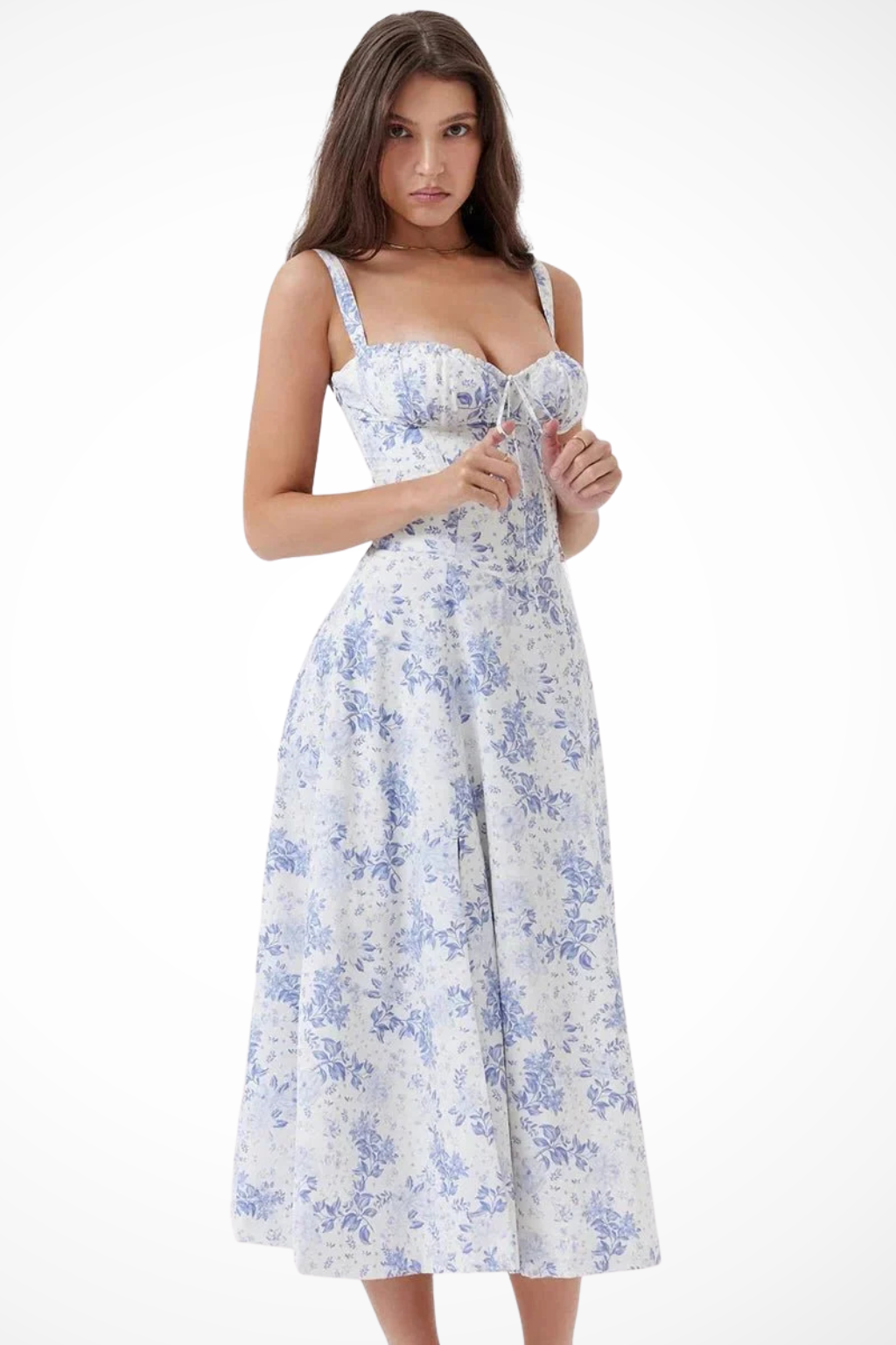 Square Neck Floral Midi Dress with Bow Detail for Wedding Guests