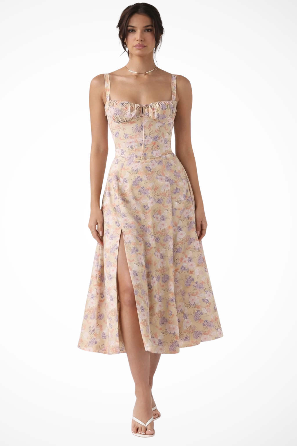 Square Neck Floral Midi Dress with Bow Detail for Wedding Guests