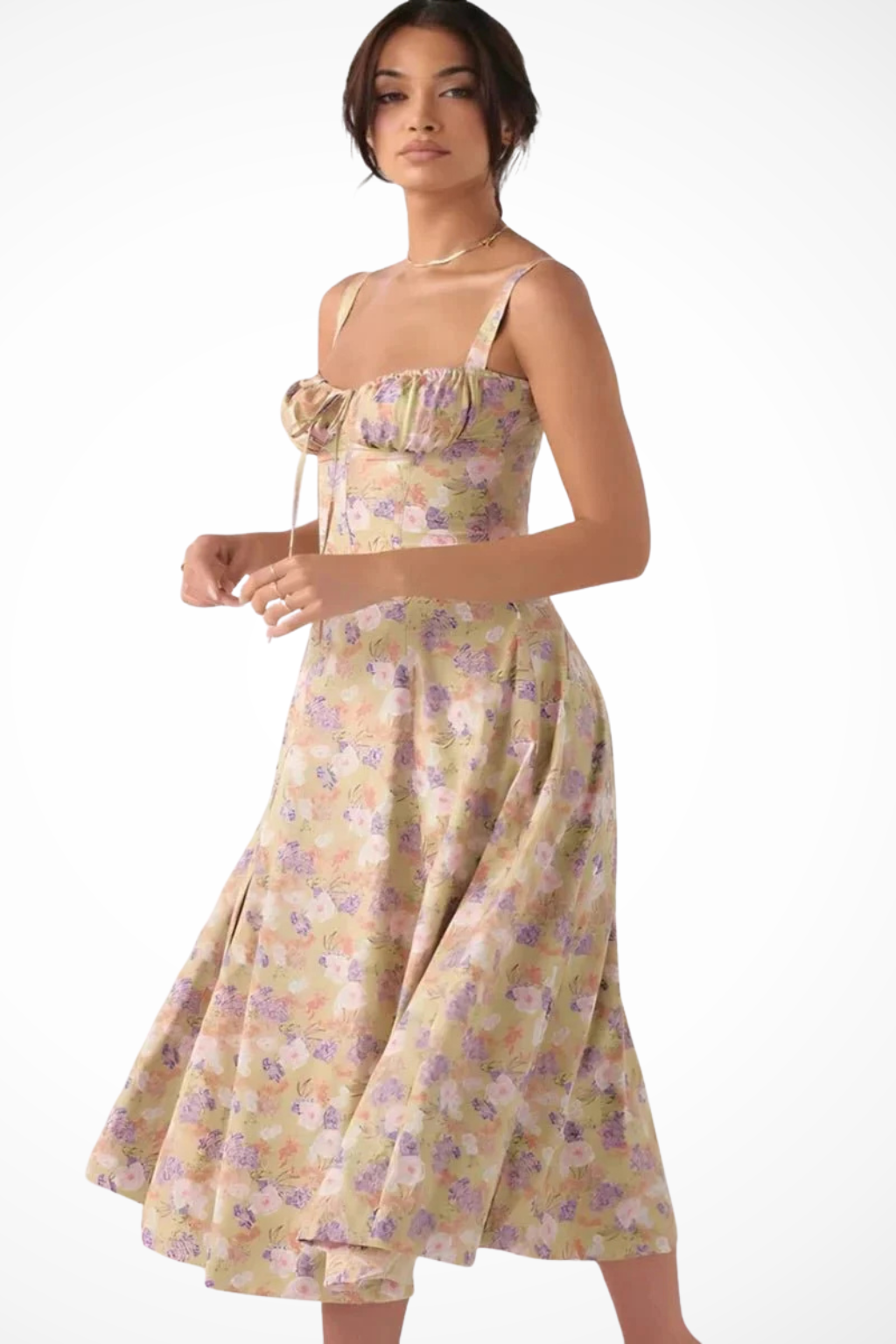 Square Neck Floral Midi Dress with Bow Detail for Wedding Guests