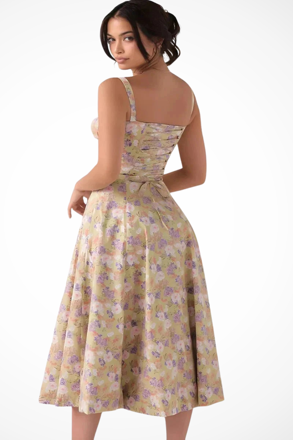 Square Neck Floral Midi Dress with Bow Detail for Wedding Guests