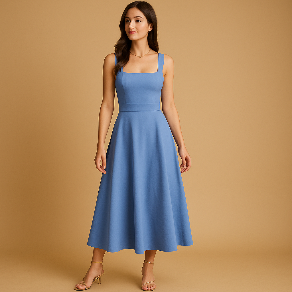 Square Neck Midi Dress for Women | Elegant Casual or Formal Wear | Versatile Style for Any Occasion