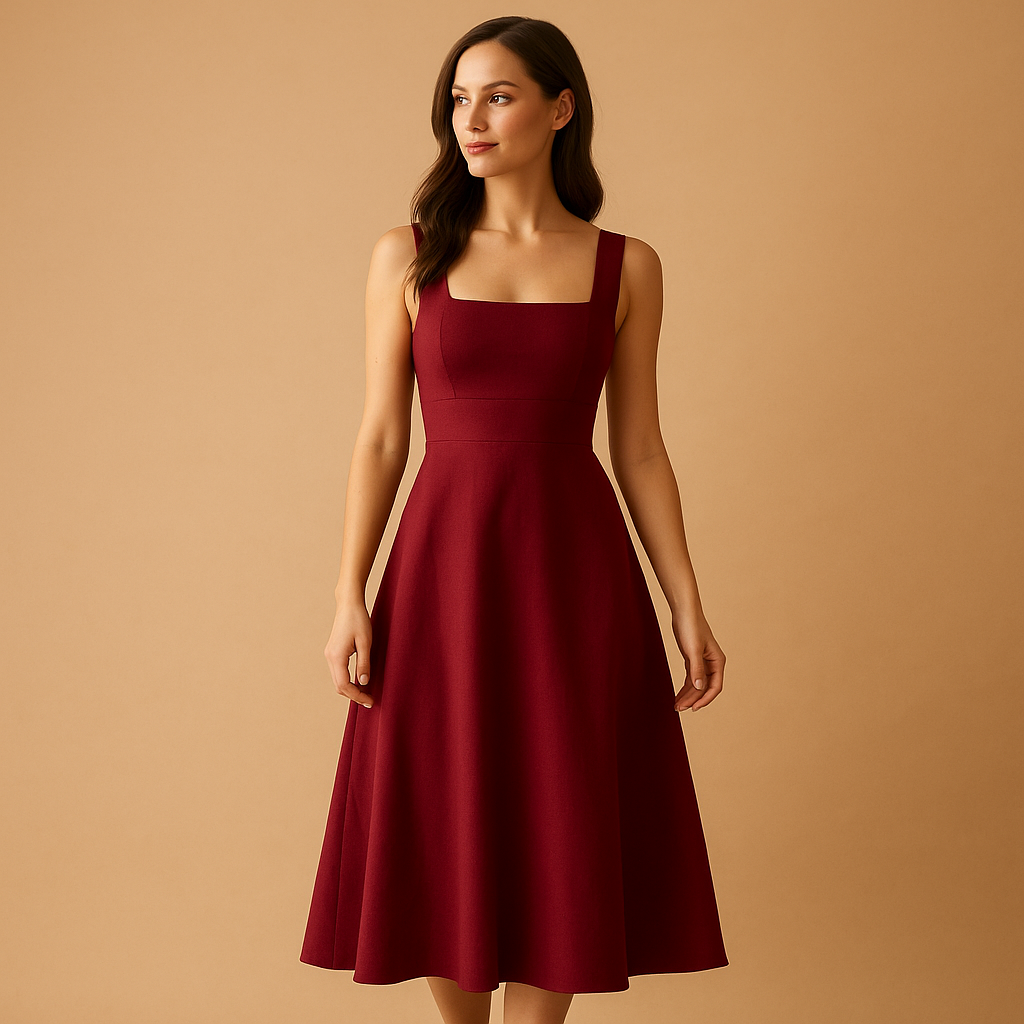 Square Neck Midi Dress for Women | Elegant Casual or Formal Wear | Versatile Style for Any Occasion