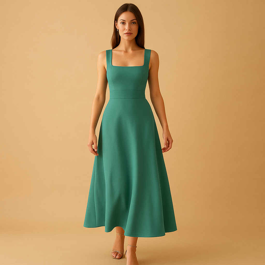 Square Neck Midi Dress for Women | Elegant Casual or Formal Wear | Versatile Style for Any Occasion