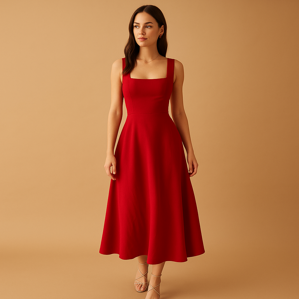 Square Neck Midi Dress for Women | Elegant Casual or Formal Wear | Versatile Style for Any Occasion
