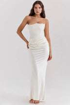 Strapless Maxi Dress for Women in Lightweight Fabric with Gathered Waist - Elegant Summer Evening Wear