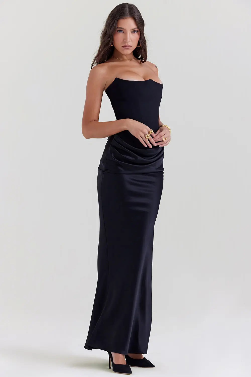 Strapless Maxi Dress for Women in Lightweight Fabric with Gathered Waist - Elegant Summer Evening Wear