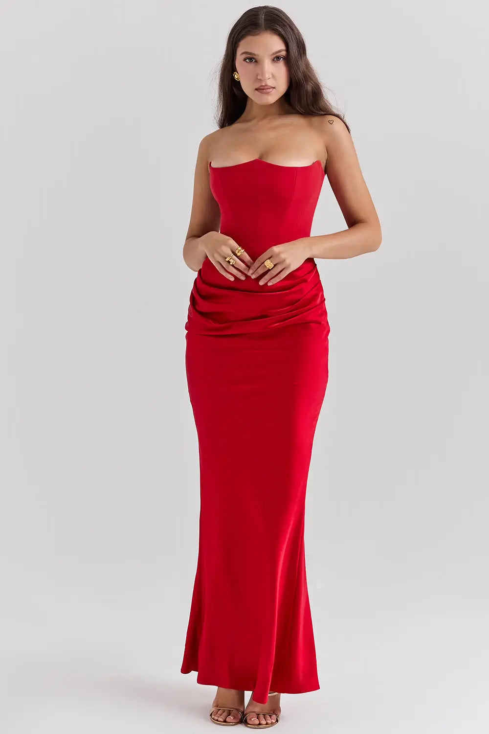 Strapless Maxi Dress for Women in Lightweight Fabric with Gathered Waist - Elegant Summer Evening Wear