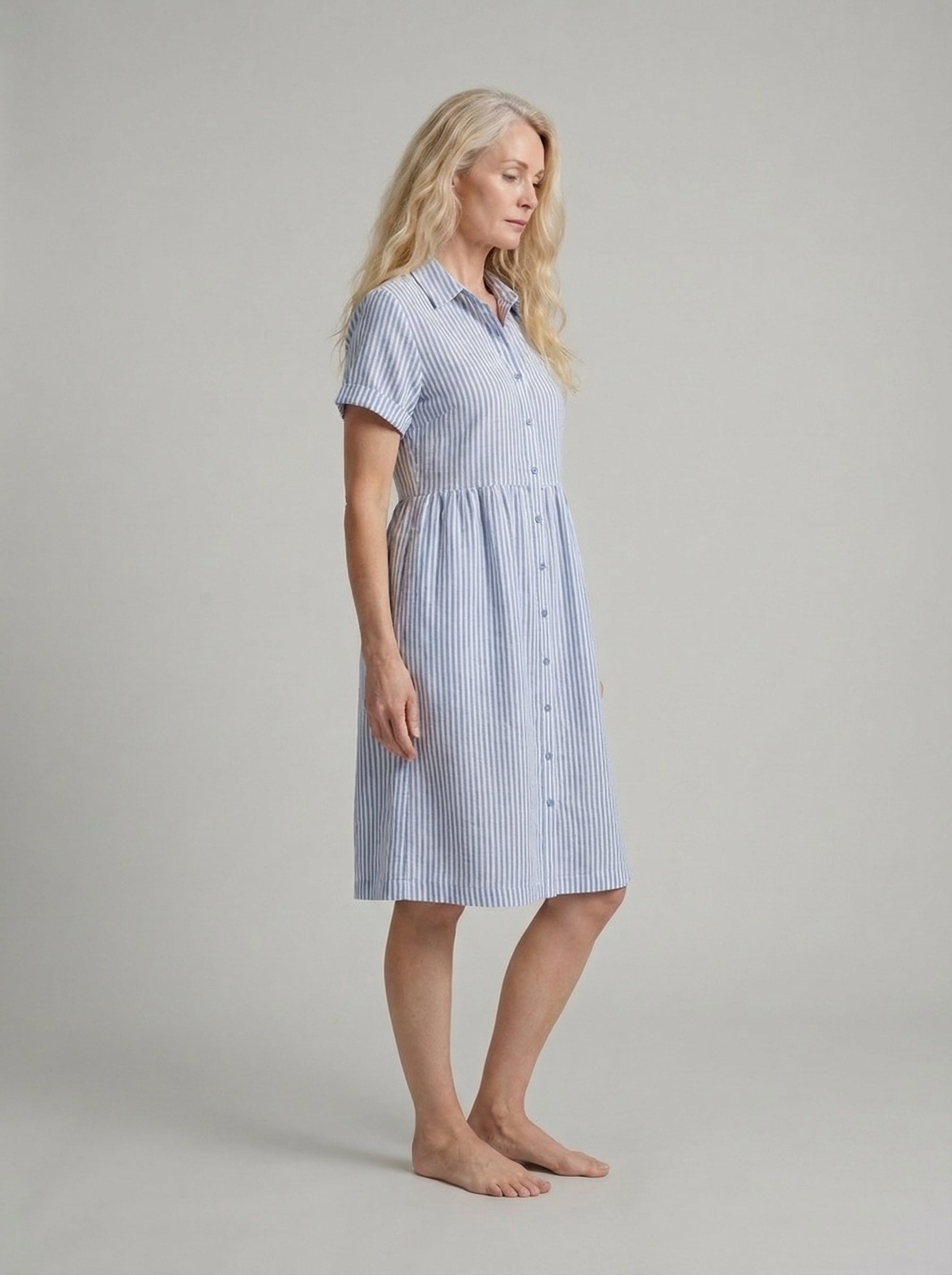 Striped Linen Blend Midi Dress with Pockets for Women - Casual Shirt Style