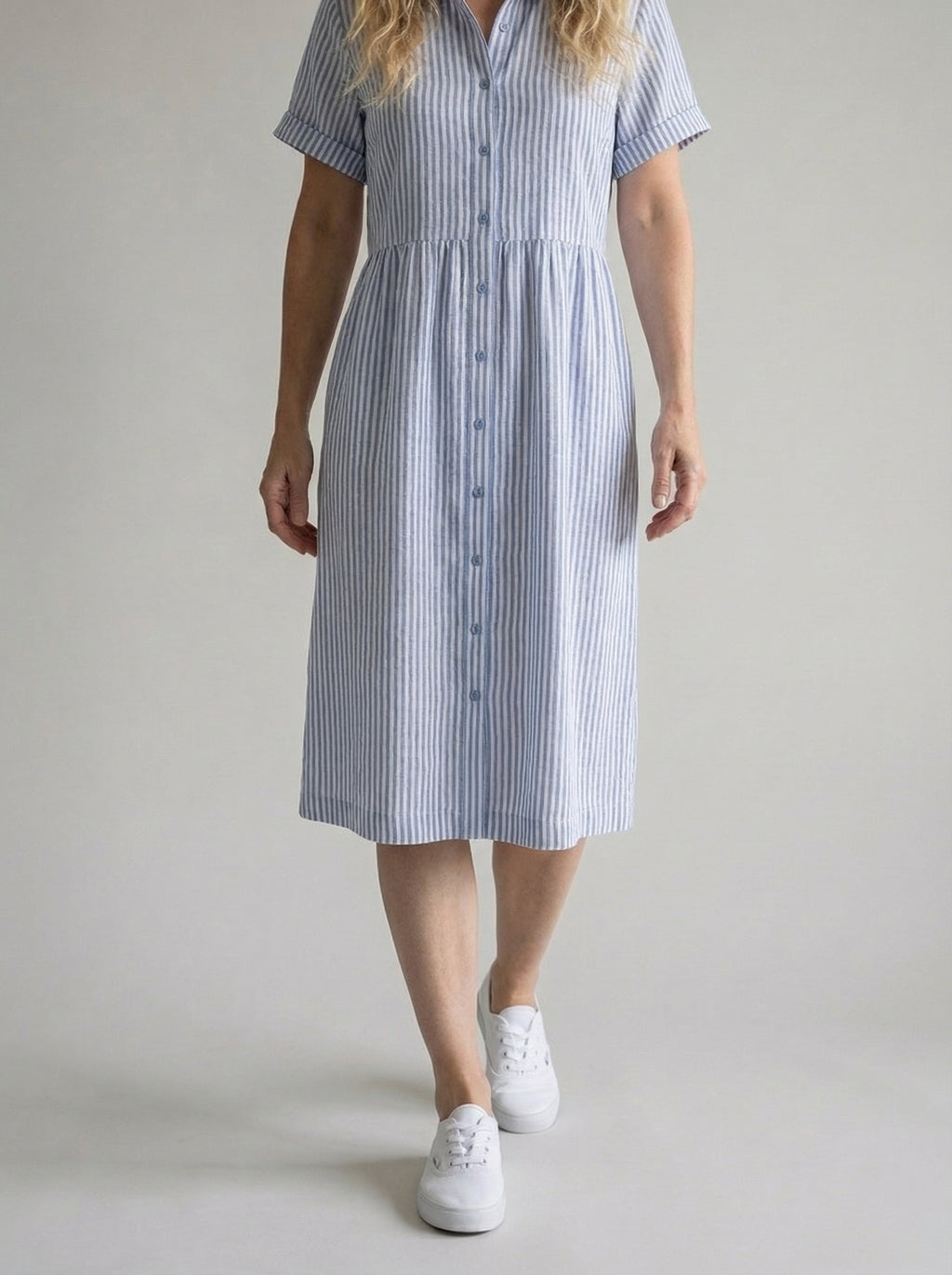 Striped Linen Blend Midi Dress with Pockets for Women - Casual Shirt Style