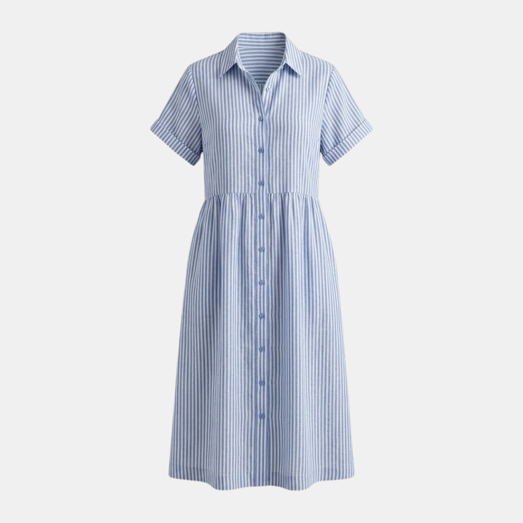 Striped Linen Blend Midi Dress with Pockets for Women - Casual Shirt Style