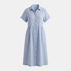 Striped Linen Blend Midi Dress with Pockets for Women - Casual Shirt Style