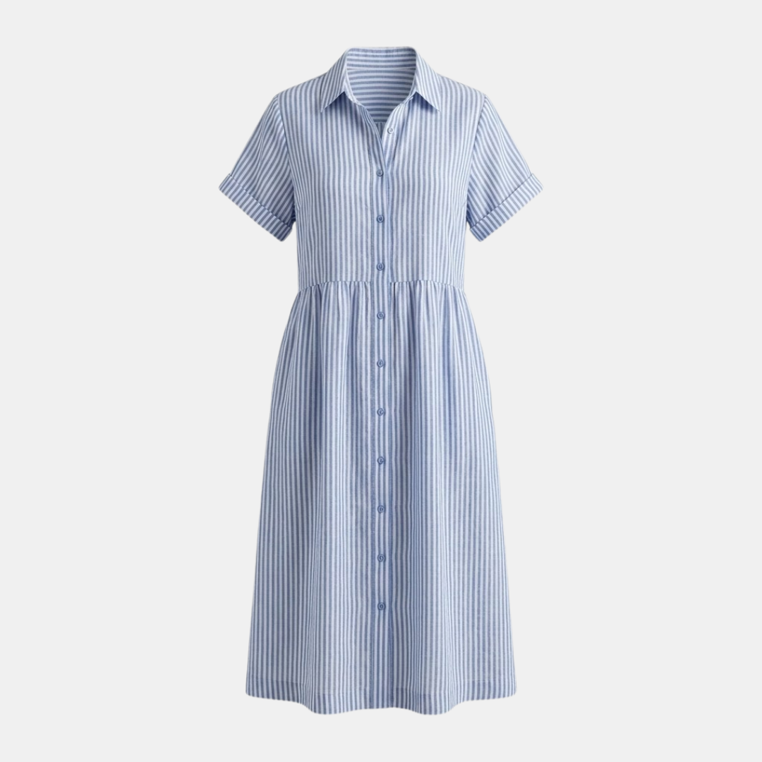 Striped Linen Blend Midi Dress with Pockets for Women - Casual Shirt Style