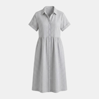 Striped Linen Blend Midi Dress with Pockets for Women - Casual Shirt Style