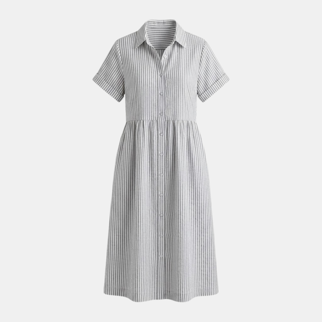 Striped Linen Blend Midi Dress with Pockets for Women - Casual Shirt Style