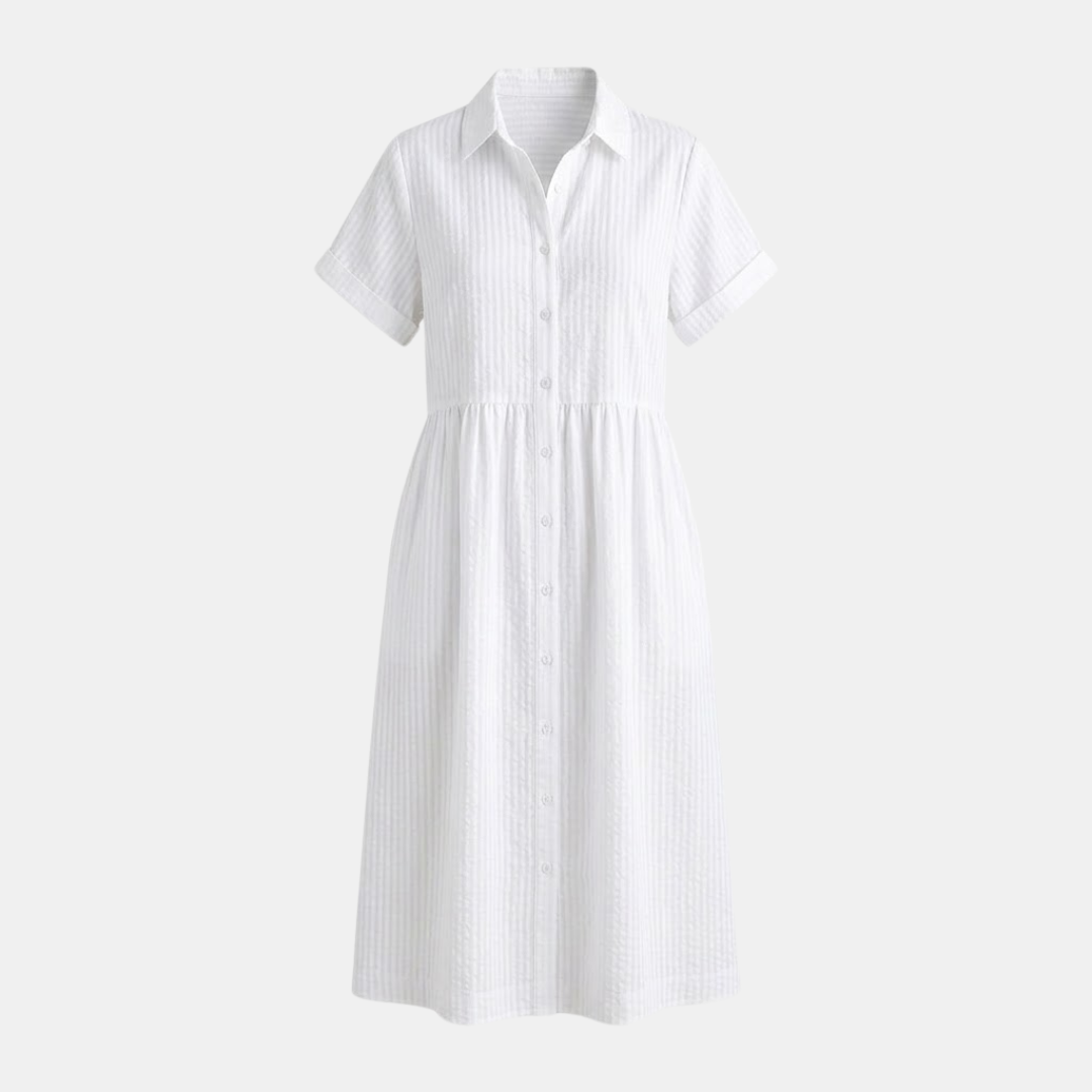 Striped Linen Blend Midi Dress with Pockets for Women - Casual Shirt Style