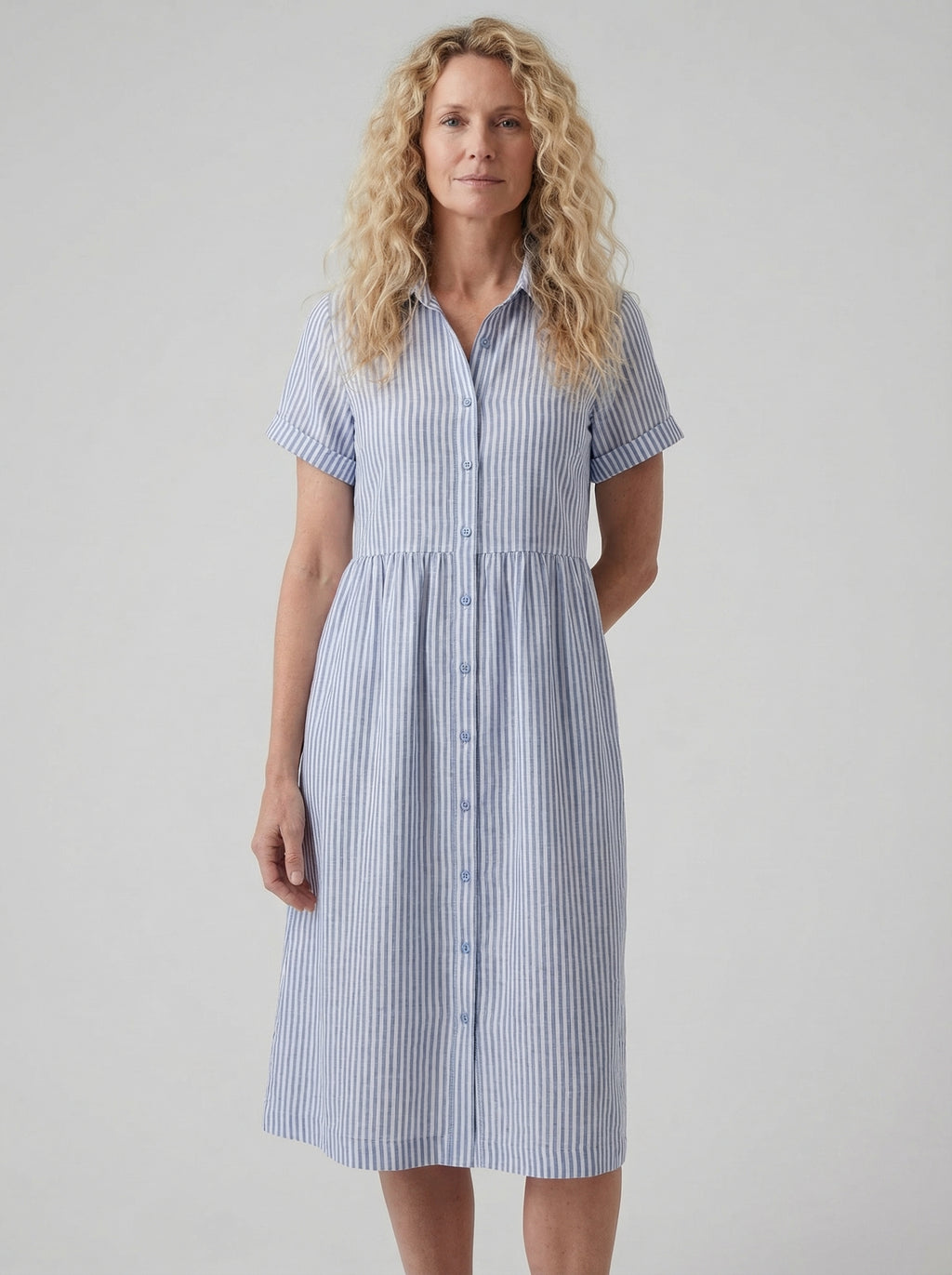 Striped Linen Blend Midi Dress with Pockets for Women - Casual Shirt Style