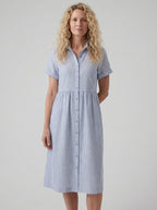 Striped Linen Blend Midi Dress with Pockets for Women - Casual Shirt Style