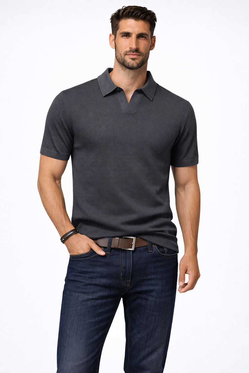 Textured Knit Short Sleeve Polo Shirt for Men - Casual Wear, Comfortable Fit