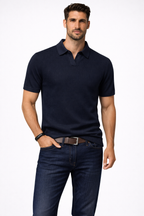 Textured Knit Short Sleeve Polo Shirt for Men - Casual Wear, Comfortable Fit