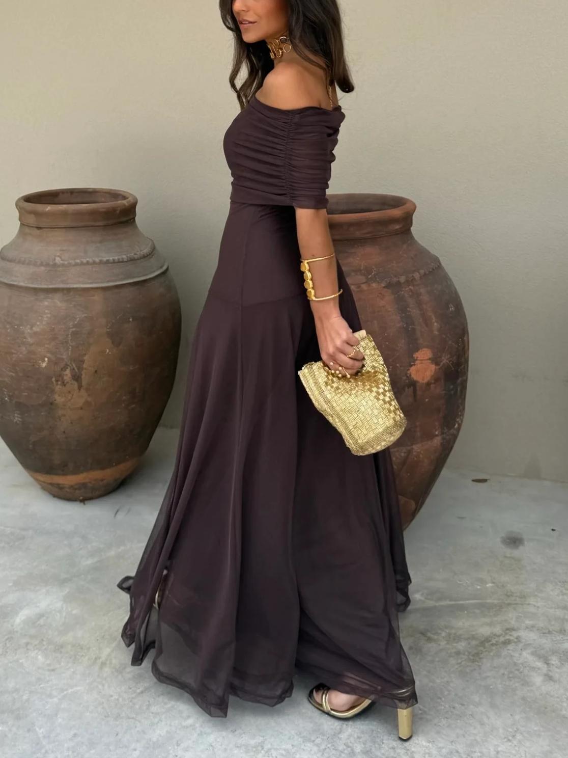 Off Shoulder Chiffon Maxi Dress - Elegant Evening Gown for Women’s Parties