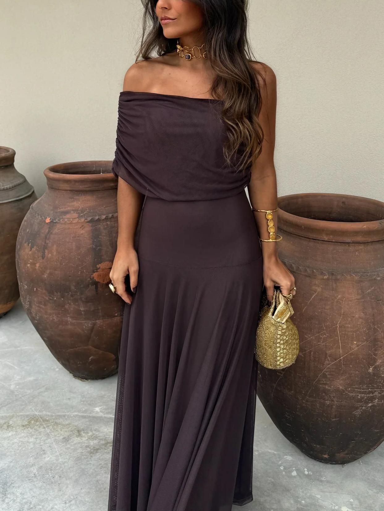 Off Shoulder Chiffon Maxi Dress - Elegant Evening Gown for Women’s Parties