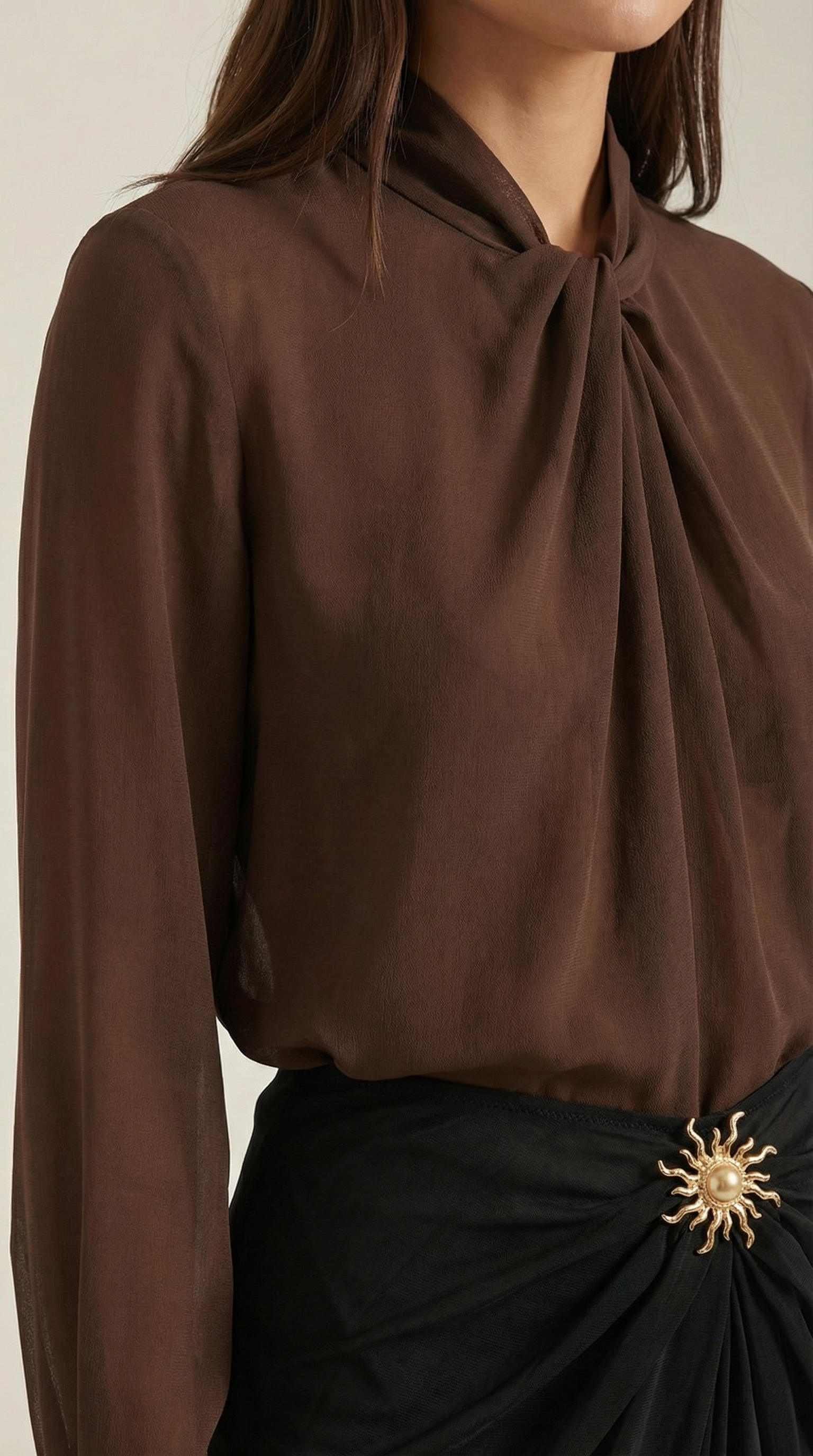 Twisted Stand Collar Blouse in Lightweight Fabric - Elegant Office Wear Top for Women