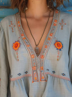 V-Neck Embroidered Blouse for Women - Long Sleeve with Wide Cuffs - Casual Everyday Top