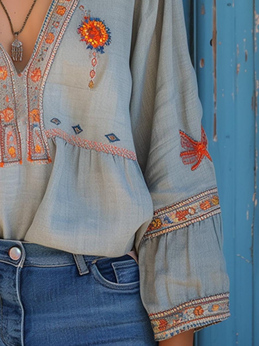 V-Neck Embroidered Blouse for Women - Long Sleeve with Wide Cuffs - Casual Everyday Top