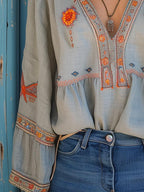 V-Neck Embroidered Blouse for Women - Long Sleeve with Wide Cuffs - Casual Everyday Top