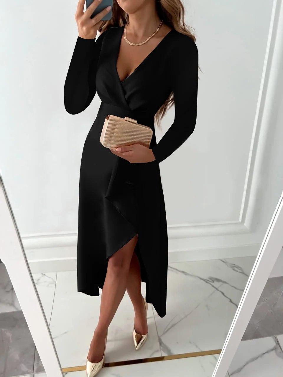 V-Neck Midi Dress with Slit Design in Elegant Fabric for Formal Events