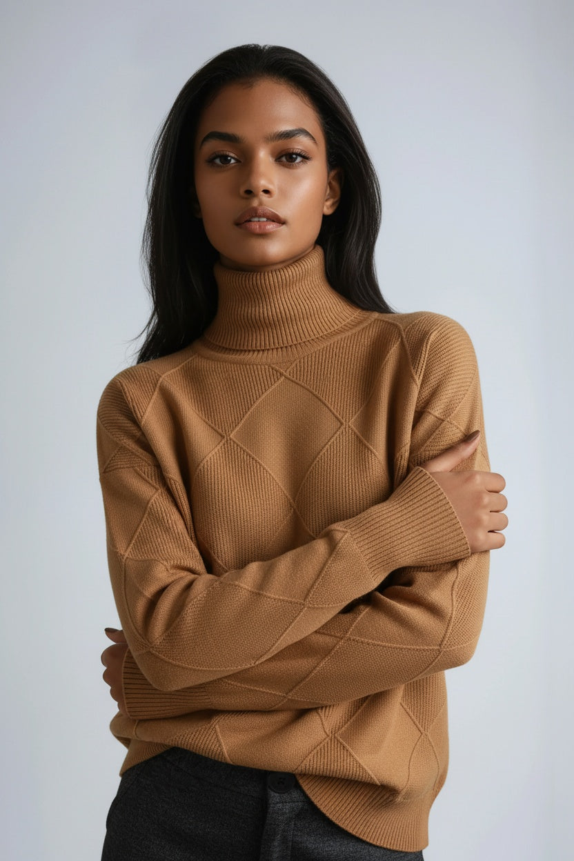 Turtleneck Sweater with Diamond Motif – Casual Wear, Office Style
