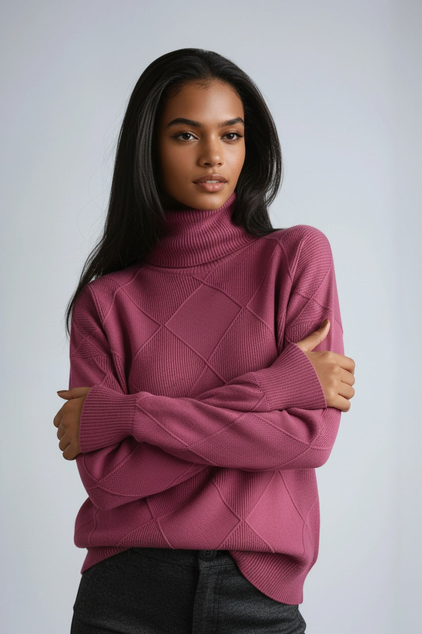 Turtleneck Sweater with Diamond Motif – Casual Wear, Office Style