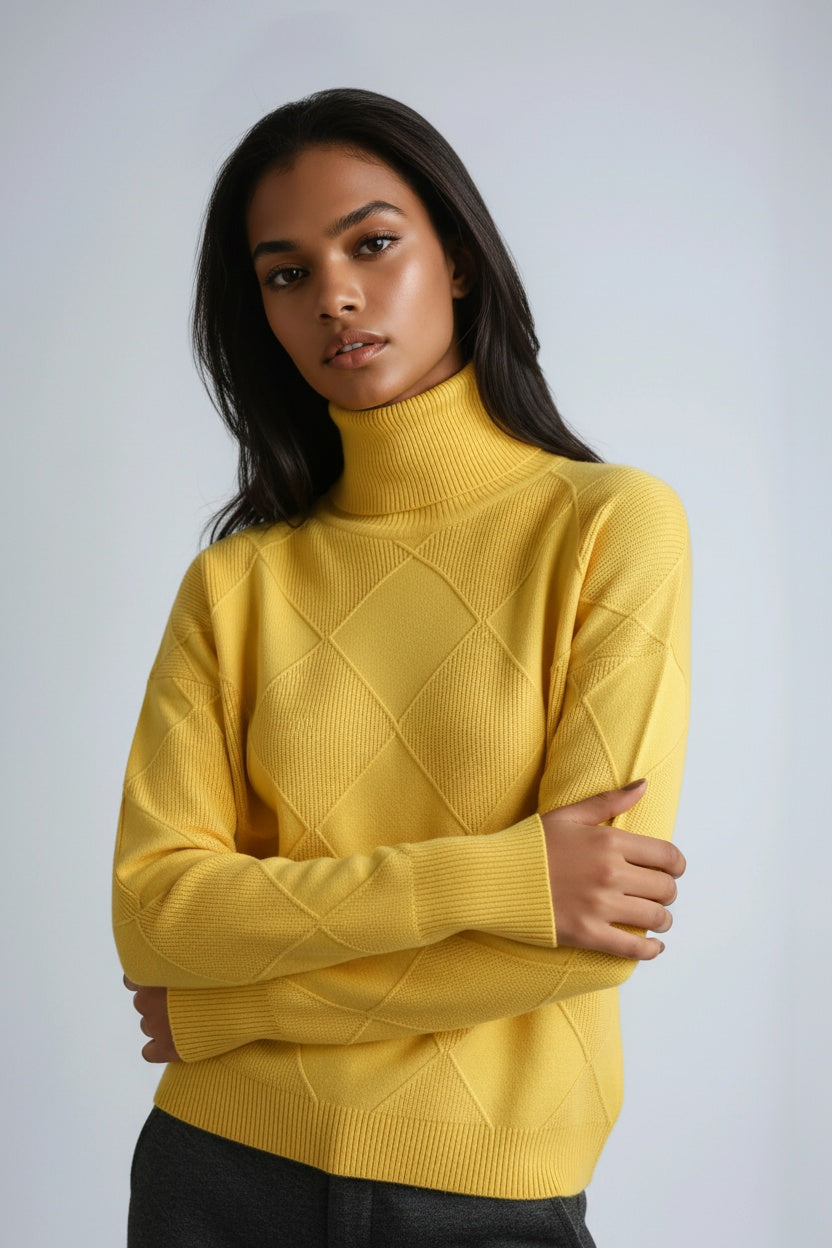 Turtleneck Sweater with Diamond Motif – Casual Wear, Office Style