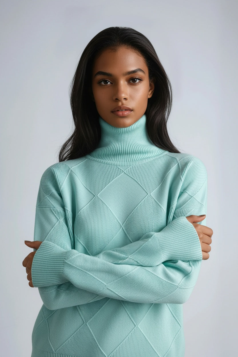 Turtleneck Sweater with Diamond Motif – Casual Wear, Office Style