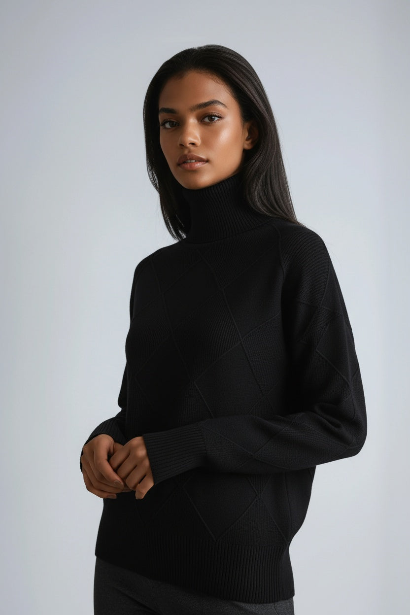Turtleneck Sweater with Diamond Motif – Casual Wear, Office Style