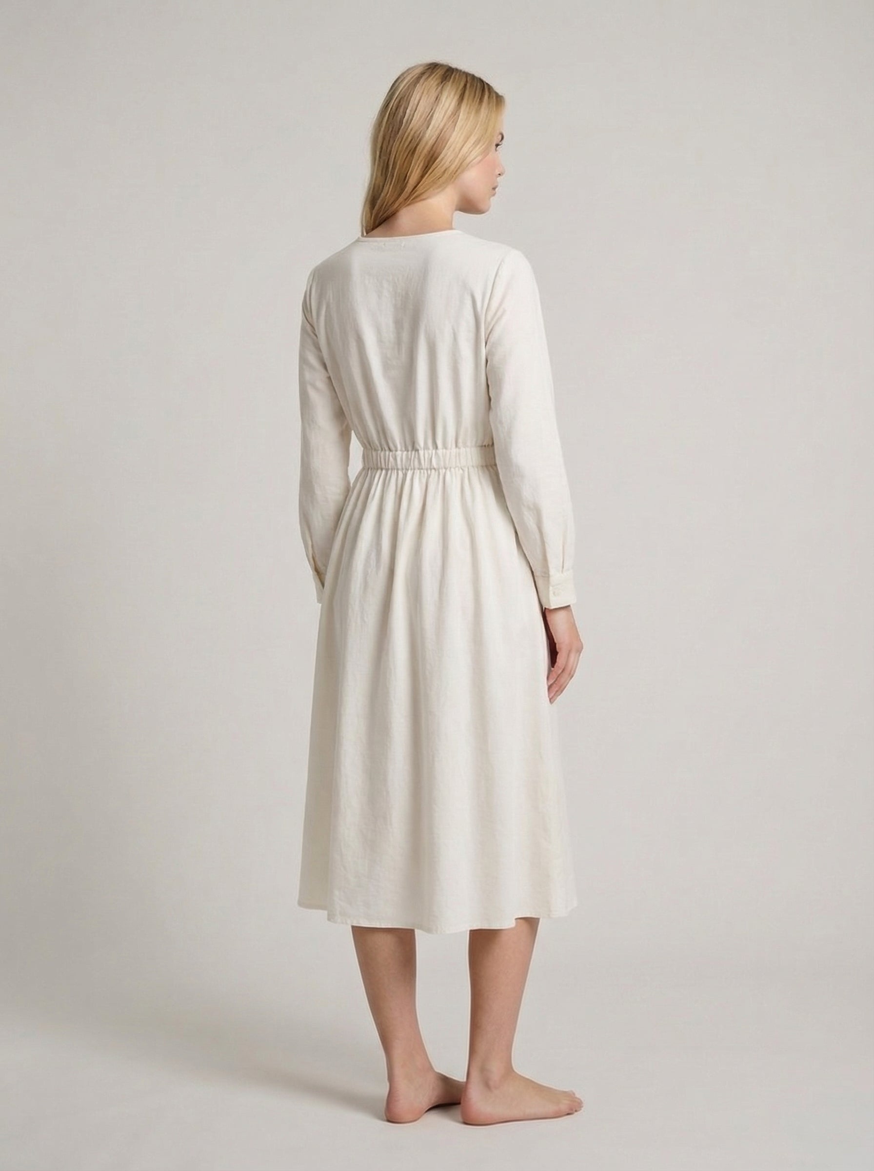White Cotton Linen Midi Dress with Long Sleeves for Casual Wear