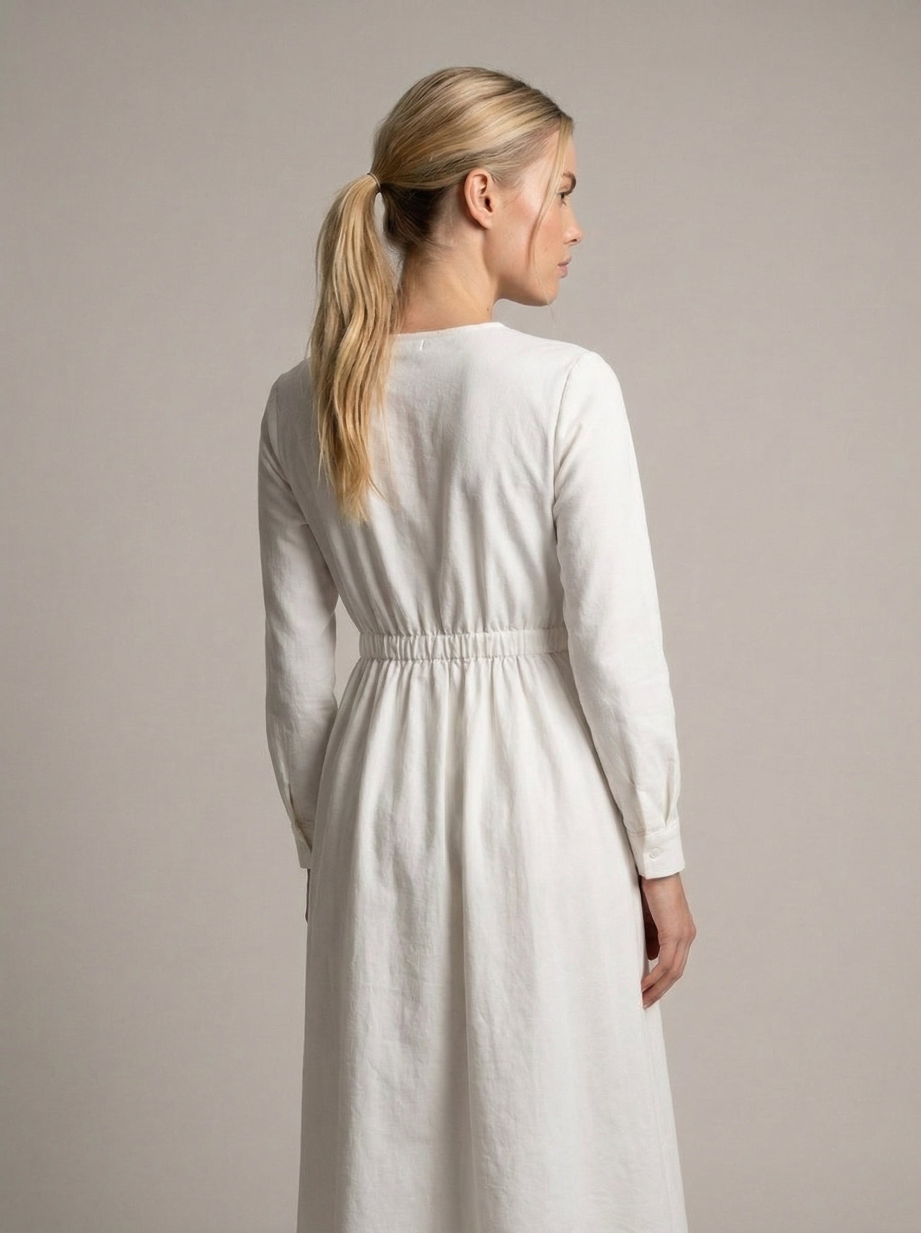 White Cotton Linen Midi Dress with Long Sleeves for Casual Wear