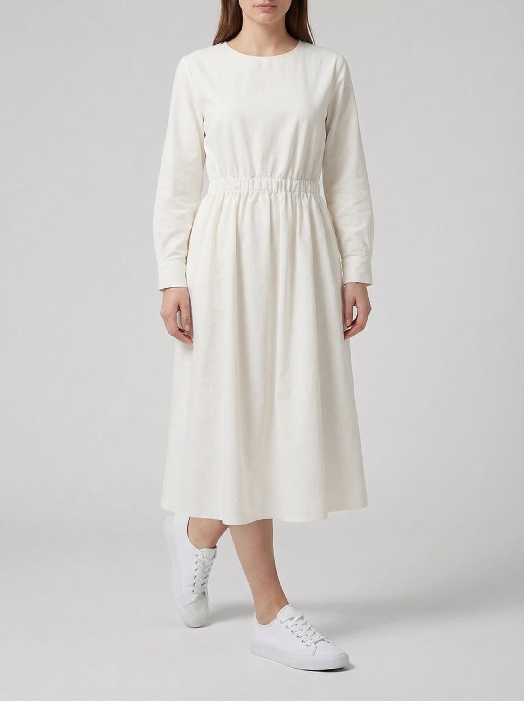 White Cotton Linen Midi Dress with Long Sleeves for Casual Wear