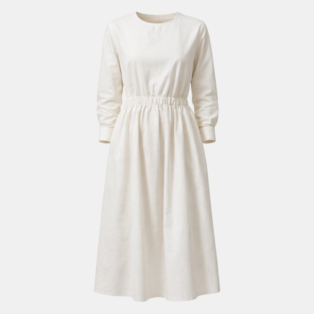 White Cotton Linen Midi Dress with Long Sleeves for Casual Wear