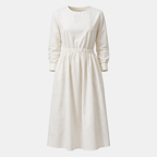 White Cotton Linen Midi Dress with Long Sleeves for Casual Wear