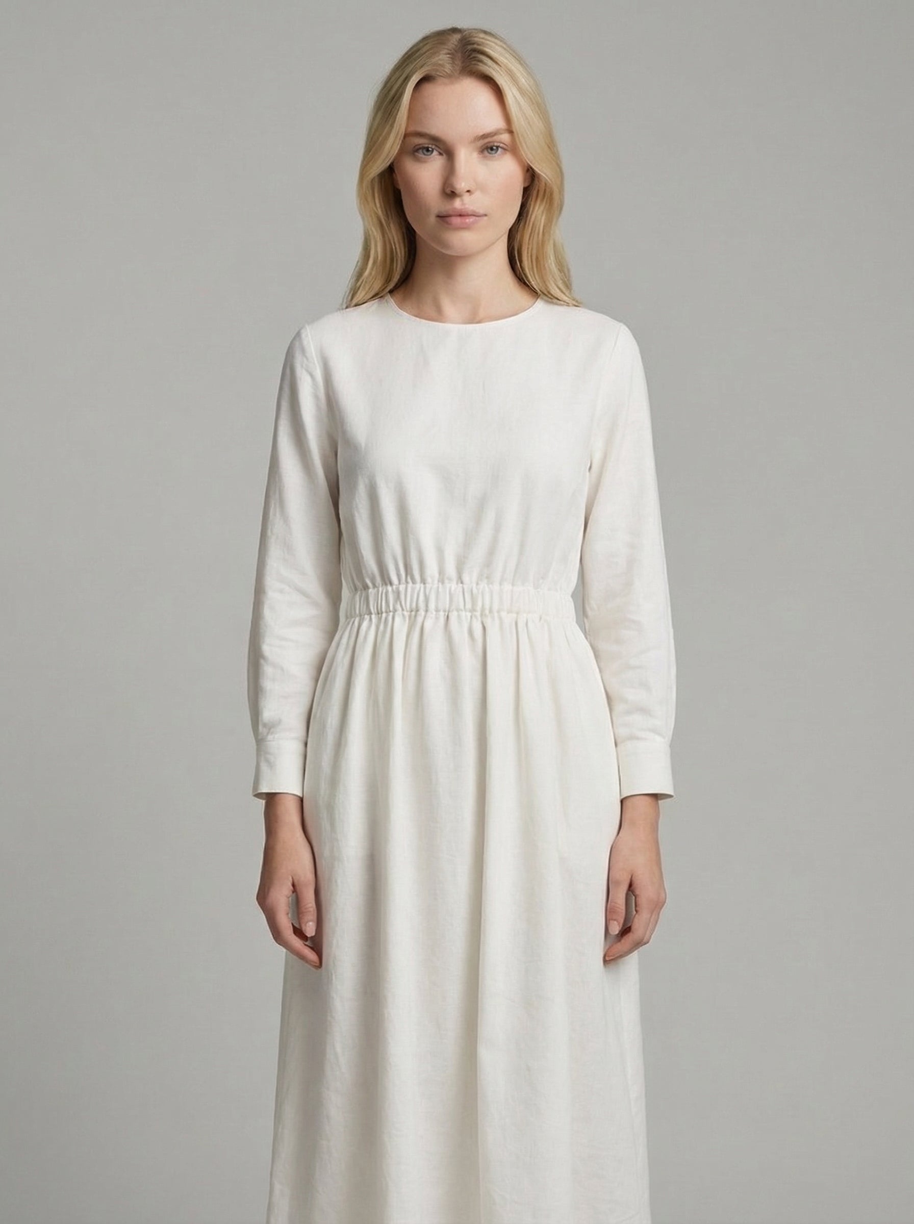 White Cotton Linen Midi Dress with Long Sleeves for Casual Wear